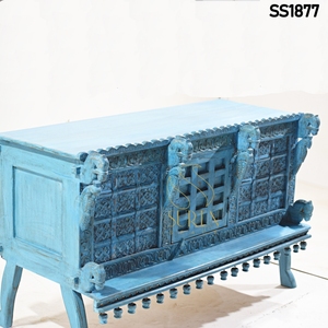 Handmade Indian Design Solid Wood Carved Blue Distress Damchiya Trunk for Living Room - Product Image 1
