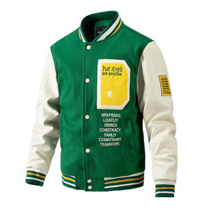Men's Green Varsity Jacket Cream Sleeve Embroidered Letter Patch Design Casual Autumn Wear Polyester Cotton Material - Product Image 1