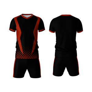 Conjunto de Camiseta y Pantalones Cortos de Fútbol Geométricos Negros y Rojos para Hombre, Cuello en V, Absorbe la Humedad, Ropa Deportiva Sublimada para Todas las Temporadas - Product Image 1
