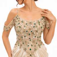 Robe de soirée moderne en satin champagne New Vision pour femmes |   Robe longue droite à bretelles spaghetti brodée