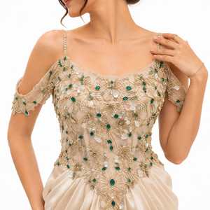 Robe de soirée moderne en satin champagne New Vision pour femmes |   Robe longue droite à bretelles spaghetti brodée, coupe classique - Product Image 2