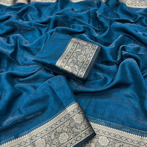 ผ้าซิลค์สีน้ำเงินเข้มสุดหรู พร้อมลายปักแจ็คการ์ดซารีแบบละเอียดอ่อน – ผู้จัดจำหน่ายขายส่ง - Product Image 2