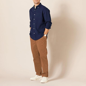 Pantalones de Algodón para Hombre, Corte Recto, Color Marrón, Cintura Media, Casuales, Antiarrugas, Frente Plano, Estilo Otoñal - Product Image 2