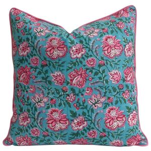 Housse de coussin carrée à motif floral turquoise avec passepoil rose, 50x50 cm, coussin décoratif traditionnel à vendre - Product Image 6