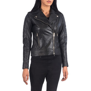 Chaqueta de Cuero Genuino Negra para Mujer, Estilo Motero, con Mangas Acolchadas, Cierre Asimétrico, Impermeable y Resistente al Viento, para Otoño e Invierno - Product Image 5