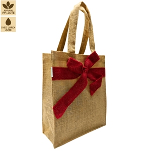 Sac cadeau de Noël en jute avec nœud en lurex rouge 26x30x10,5 cm, logo personnalisé, vente en gros, OEM, marque privée, emballage festif, sac fourre-tout, exportateur - Product Image 3