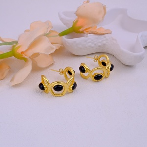 Elegant Natural <b>Black</b> Onyx Gemstone Handmade <b>Gold</b>-Plated Hoops Luxury Artisan Designer Statement Studs <b>Earring</b> Fashion Wholesale - Product Image 3