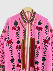 Chaqueta de Terciopelo para Mujer Talla Grande, Cuello Mao, Manga Larga, Bordado Floral a Mano, Abrigo Largo para Primavera - Product Image 5