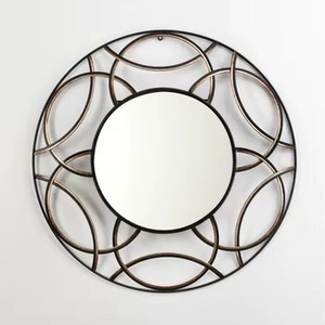 Espejo de pared redondo de metal dorado en oferta con marco geométrico Art Deco, adorno decorativo para el interior del hogar. - Product Image 2