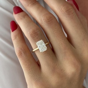 3 Carat Elongated Radiant E VVS2 Lab Grown <b>Diamond</b> Solitaire <b>Ring</b> , Yellow Gold Thin Minimalist Engagement <b>Ring</b> , IGI Certified - Product Image 3