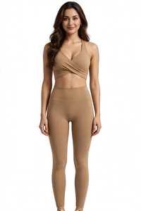 Conjunto de Yoga con Top Deportivo Cruzado en la Espalda y Leggings Beige de Poliamida de Cintura Alta con Relleno Extraíble - Product Image 3