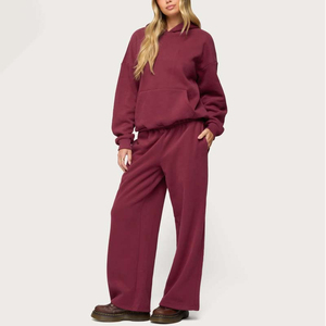Chándal con Capucha Color Borgoña para Mujer, Manga Larga, Corte Holgado, Color Sólido, Ropa Casual de Otoño con Bolsillos Laterales, Algodón de Peso Medio - Product Image 2