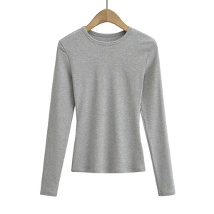 Camiseta de Punto de Manga Larga para Mujer, Cuello Redondo, Color Azul Claro, Corte Ajustado, Color Sólido, Secado Rápido, Informal, Primavera Verano - Product Image 4