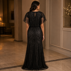 Elegant Black Embroidered Mesh Evening Gown for Women V Neck Flutter Sleeve Formal Maxi Dress Party Wedding Guest Prom Dress - Product Image 3