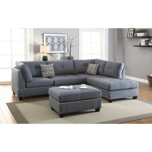 Divano Sezionale Reversibile in Polifibra Blu-Grigio a 3 Pezzi con Chaise Longue e Pouf, Cuscini Inclusi per Soggiorno - Product Image 3