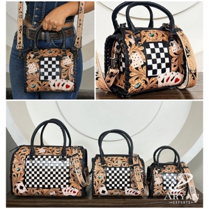 2026 Wholesale New Arrival <b>Black</b> & White Checkerboard Design Speedy <b>Bag</b> Tooled Carving Card Accent Cowhide Leather Duffle <b>Bag</b> - Product Image 1