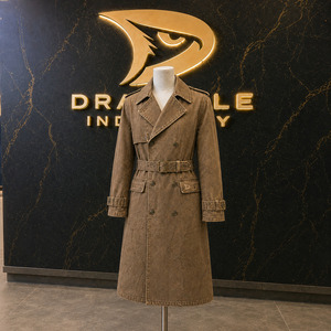 Gabardina de mezclilla sobrachapada para hombre, color marrón camel, larga, con doble botonadura y cinturón, ropa exterior de moda personalizada de primera calidad - Product Image 1