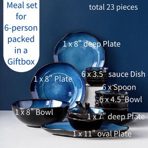Meal set for 4-/6- person Retro Kiln <b>Firing</b> Cosmic Blue Unique Pattern Shape Glazed Porcelain Durable BpaFree dinnerware giftbox - Product Image 6