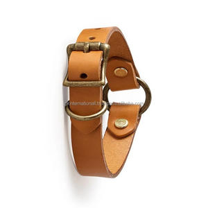 Collar de perro de cuero curtido hecho en La India para perros pequeños o medianos anillo doble de latón antiguo macizo y hebilla de pasador de rodillo - Product Image 5