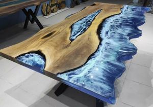 Table à manger en bois massif avec bord naturel et résine époxy, plateau en noyer, design moderne pour l'ameublement de la maison - Product Image 5