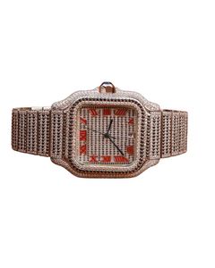 Montre-bracelet rectangulaire en diamant avec lunette ornée, cadran étincelant, chiffres romains rouges, couronne en pierres précieuses, artisanat élégant - Product Image 1