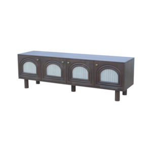 Dark <b>Wood</b> Tv Unit Media Console Storage Cabinet Four Door Cane Panel Entertainment Stand <b>Shelving</b> Living Room Furniture Vintage - Product Image 3