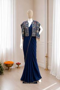 Elegant Modern Navy Blue Crepe Sheath Gown <b>with</b> Embroidered Three Quarter Sleeve <b>Jacket</b> V-Neck Bow Collar Floor-Length Dress - Product Image 5