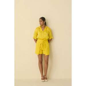 Ensemble coordonné jaune uni pour femmes, chemise et short, tenue décontractée d'été, ensemble deux pièces - Product Image 1
