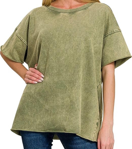Women's O-neck T-shirts Acid Washed <b>Top</b> Comfortable Casual Short Sleeved Shirt Customized Printed Plain Color Women's T-shirts - Product Image 5