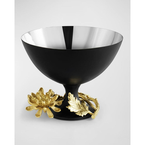 Bols de service décoratifs pour la maison, avec revêtement extérieur en poudre noire et intérieur argenté, motif floral et feuillage doré sur la base. - Product Image 1
