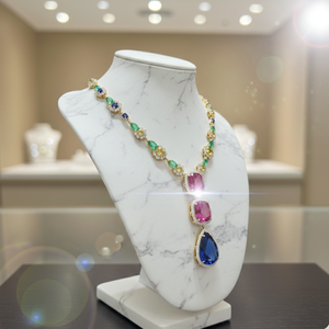 Collier élégant pour femme en argent sterling 925 plaqué or 18 carats avec pierre rose et zircon cubique, coupe poire bleue hydro - Product Image 1