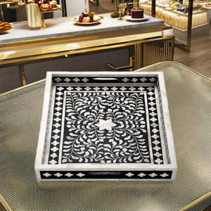 Luxury Handmade Bone Inlay Floral Serving Tray Mother Pearl Star Accent Dishwasher <b>Microwave</b> Safe Polished Finish Customizable - Product Image 1