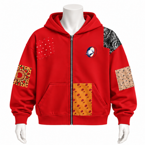 <b>Red</b> Tapestry Patchwork Zip Up <b>Hoodie</b> Oversized Full Zipper Sweatshirt Printed Patch Design Casual Streetwear Hooded Jacket <b>Men</b> - Product Image 1