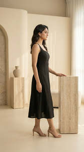 <b>Black</b> Sleeveless Cotton Denim Midi <b>Dress</b> <b>Button</b> Up Fitted Casual <b>Dresses</b> For Women Featuring Lightweight Fabric Fashionable - Product Image 2
