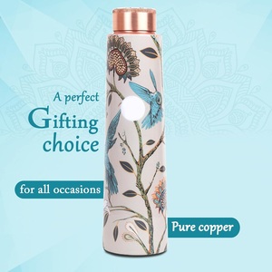 Bird & Flower Printed Copper Water <b>Bottle</b> | Moroccan Lattice Enameled Pure Copper <b>Flask</b> for Wellness - Product Image 6