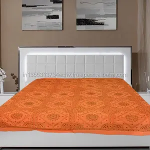 Indian handmade bed sheet cotton fabric quilt thread mirror work bedspreads
