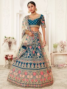 Blue Modern A-Line Satin Floral Embroidered Lehenga Choli Set with <b>Sequin</b> and Zari for Women's Empire Waist Wedding Dress - Product Image 1