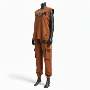 ชุดเซ็ตผู้หญิง กางเกงจ็อกเกอร์ผ้าฟลีซคอตตอนพรีเมียม 300 GSM สีน้ำตาลเฮเธอร์ แบบไม่มีแขนเสื้อ พร้อมกางเกงคาร์โก้พิมพ์ลายโลโก้ตามสั่ง - Product Image 4