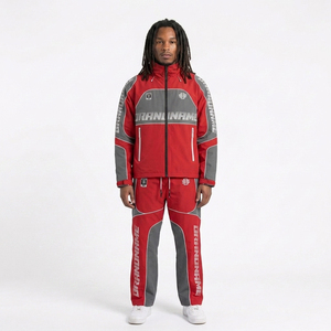 Ensemble de survêtement unisexe rouge 2 pièces : veste à capuche zippée et pantalon de survêtement en nylon coupe-vent respirant, tenue de sport décontractée coupe ample - Product Image 5