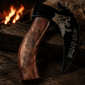 Couteau à pizza Viking en acier inoxydable noir, motif Ulu, gravé loup, coupe-pizza à bascule avec étui en cuir – Vente en gros - Product Image 2