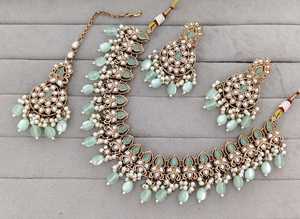 Silver Plated Choker Necklace Set Mint Green Emerald Multi Layer <b>Crystal</b> Beads Collar Necklace with CZ <b>Stud</b> <b>Earrings</b> - Product Image 4