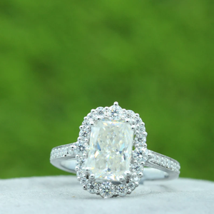 Emerald Cut Diamond Engagement <b>Ring</b> With Halo Pave Setting 925 Silver Plated Rhodium Finish Classic Women's Jewelry - Product Image 1