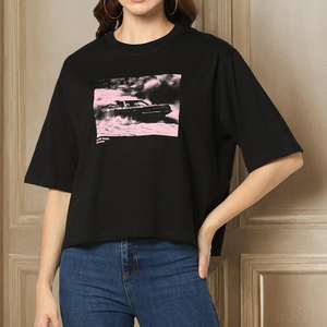 Custom Logo <b>Women</b> Oversized Graphic T <b>Shirt</b> Short Sleeve Crew Neck Casual <b>Black</b> Printed Tee Manufacturer - Product Image 1