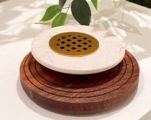 Premium Marble Mabkhara Bakhoor Burner Arabic Oud Incense Burner Wooden Base Brass Grill Dubai Style Home Decor Ramadan <b>Eid</b> <b>Gift</b> - Product Image 1