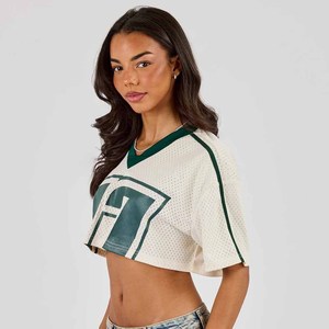 Crop top blanc pour femme, col en V, manches courtes, coupe ample sportive, respirant, avec logo vert, printemps été - Product Image 2