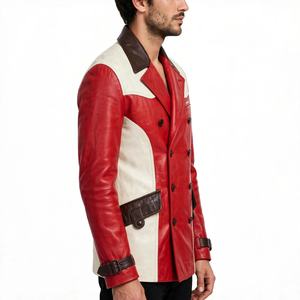 Chaqueta de Cuero Genuino para Hombre, Impermeable, con Bloques de Color, Doble Botonadura, Estilo Motero, Rojo Beige, con Logotipo Frontal - Product Image 5