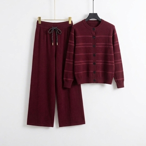 Spring Women's Casual Two-Piece Embroidered Patchwork Sweater Suit Knitted Striped Cardigan <b>Top</b> Loose Pants Knitwear Set - Product Image 2