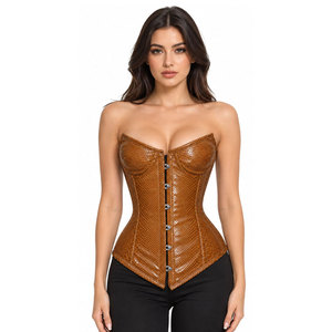 Brown <b>Leather</b> <b>Corset</b> With Snake Skin Texture Front Button Back Lace-Up Design Women Shapewear Firm Control Adult Size - Product Image 2