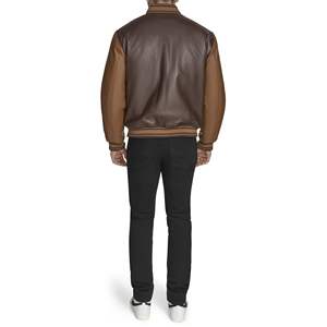 Chaqueta Varsity Marrón para Hombre, Elegante Chaqueta de Béisbol con Mangas de Cuero Genuino Color Bronceado, Chaqueta Letterman de Invierno Personalizada con Cuello Alto a la Moda - Product Image 3