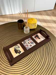 Plateau de service rectangulaire en bois UO Modern Art, base émaillée, design géométrique rustique, décoratif, avec poignée, artisanal - Product Image 3